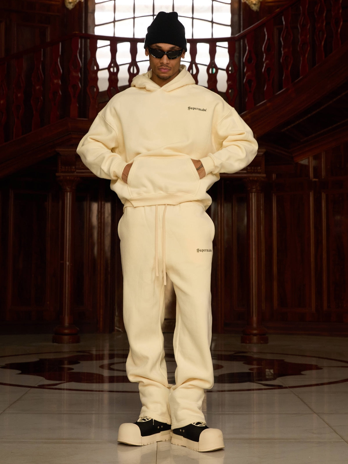 Thesupermade Street Hip-Hop Letters Fleece Tracksuit - 2230 - Beige / M / Set
