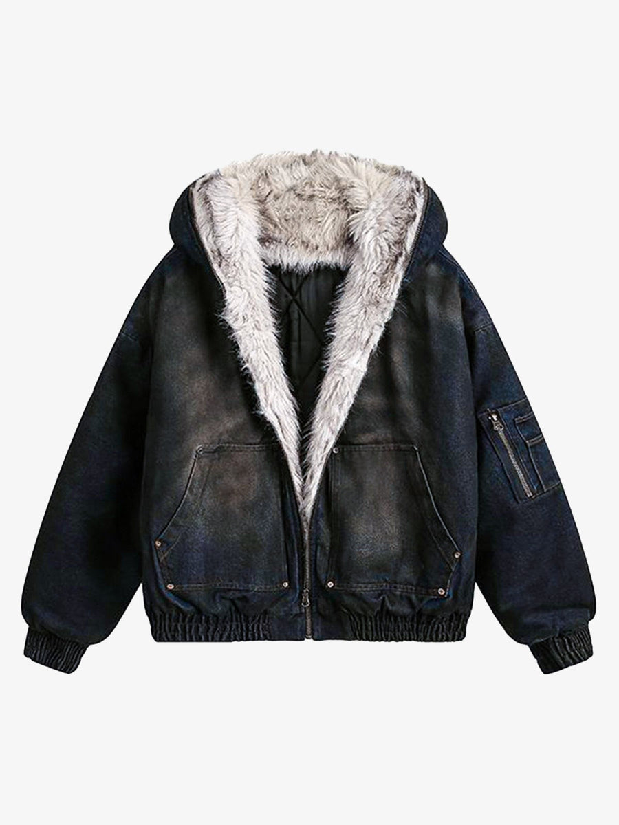Cotton Washed Fur Hooded Jacket - 2265 - Deep Blue / S