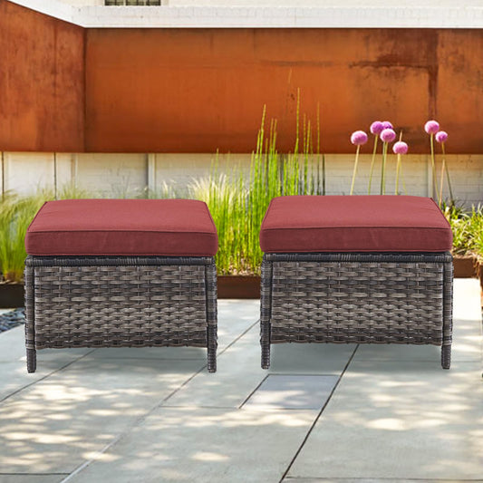 2 Pieces Patio Wicker Ottoman Set Side Table Use, NTC Series - Mixed Grey Wicker / Red Cushion