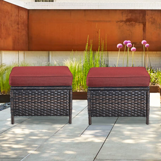 2 Pieces Patio Wicker Ottoman Set Side Table Use, NTC Series - Brown Wicker / Red Cushion