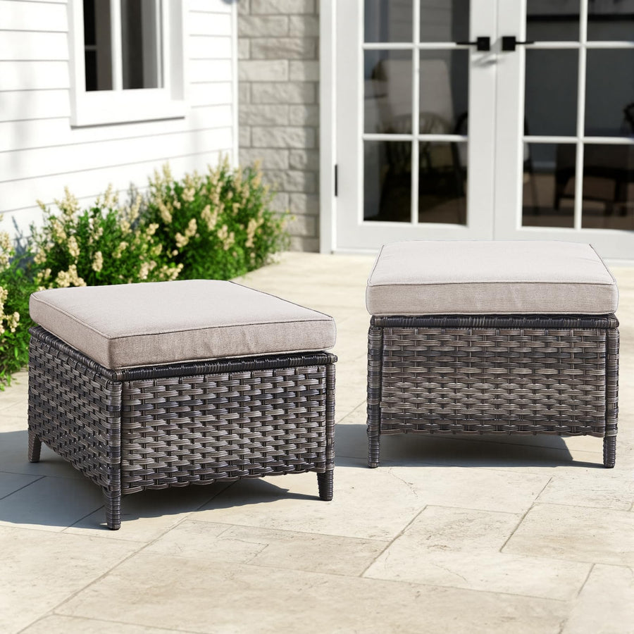 2 Pieces Patio Wicker Ottoman Set Side Table Use, NTC Series - Mixed Grey Wicker / Beige Cushion