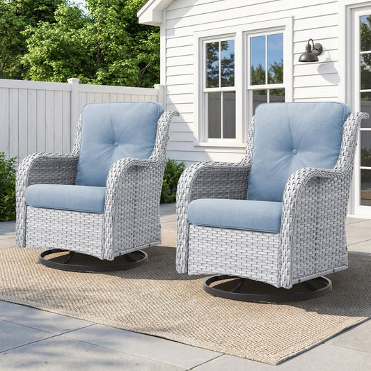 Wicker Swivel Glider Chairs Set of 2 – 360°, 5" Cushions, 300 LB, NTC Series - Light Grey Wicker / Baby Blue Cushion