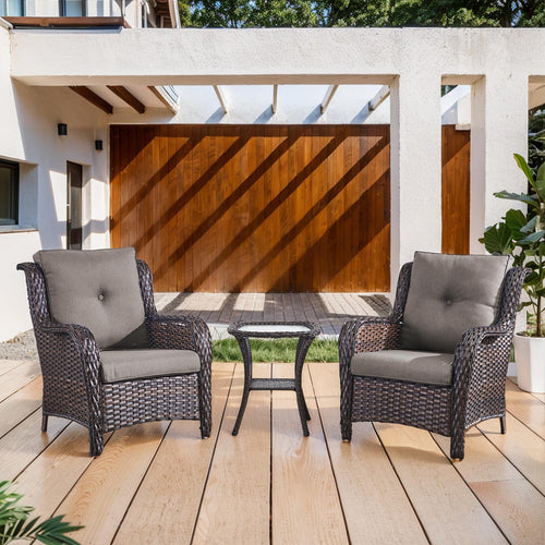 3 Piece Outdoor Furniture Set Patio Chairs with Side Table, NTC Series - Brown Wicker / Grey Cushion