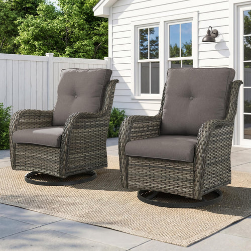 Wicker Swivel Glider Chairs Set of 2 – 360°, 5" Cushions, 300 LB, NTC Series - Mixed Grey Wicker / Grey Cushion