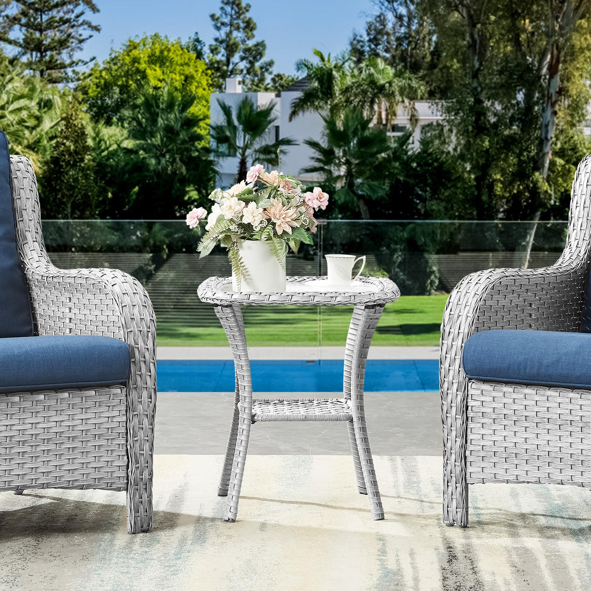 Outdoor Wicker Side Table with Glass Top Storage Shelf, NTC Series - Light Grey Wicker