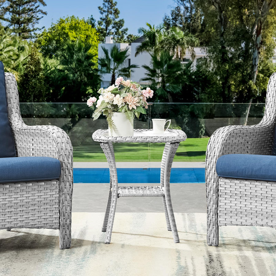 Outdoor Wicker Side Table with Glass Top Storage Shelf, NTC Series - Light Grey Wicker