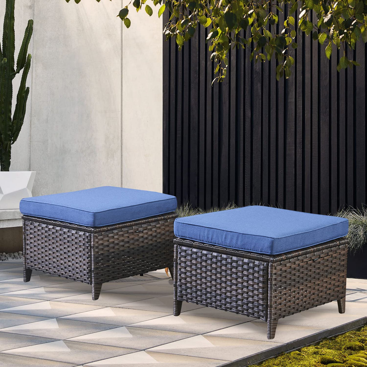 2 Pieces Patio Wicker Ottoman Set Side Table Use, NTC Series - Brown Wicker / Blue Cushion
