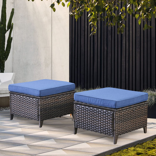 2 Pieces Patio Wicker Ottoman Set Side Table Use, NTC Series - Brown Wicker / Blue Cushion
