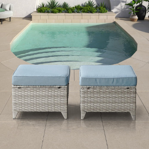 2 Pieces Patio Wicker Ottoman Set Side Table Use, NTC Series - Light Grey Wicker / Baby Blue Cushion