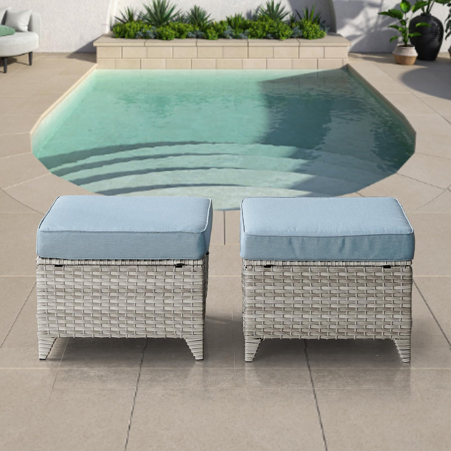 2 Pieces Patio Wicker Ottoman Set Side Table Use, NTC Series - Light Grey Wicker / Baby Blue Cushion