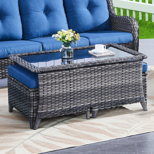 Outdoor Wicker Coffee Table with Ottoman Storage, NTC Series - Mixed Grey Wicker