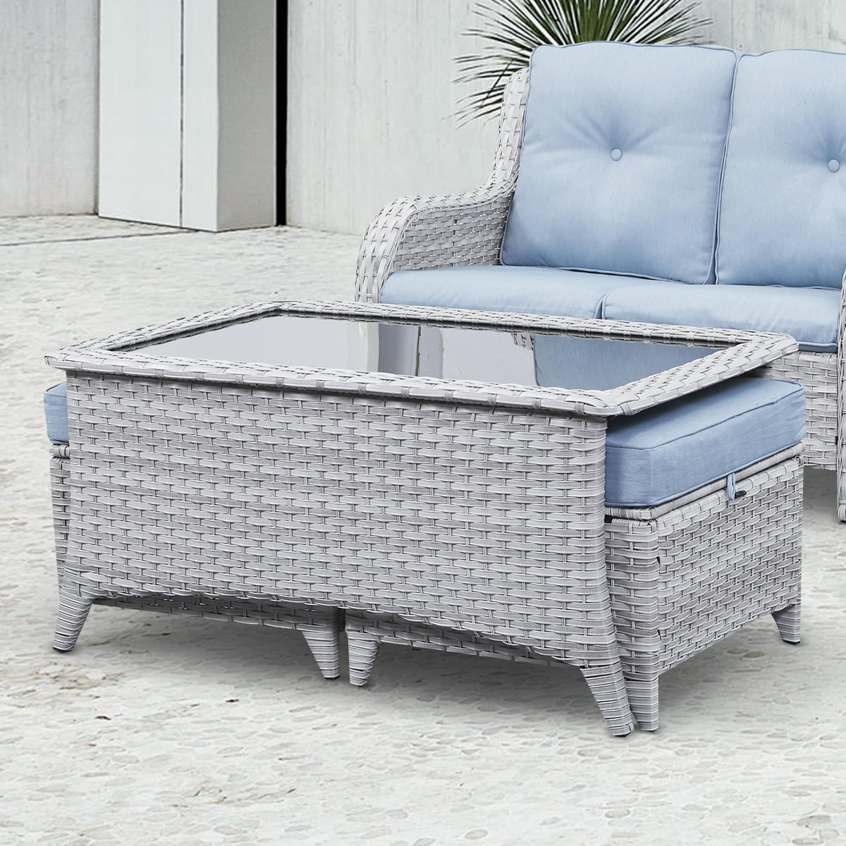 Outdoor Wicker Coffee Table with Ottoman Storage, NTC Series - Light Grey Wicker