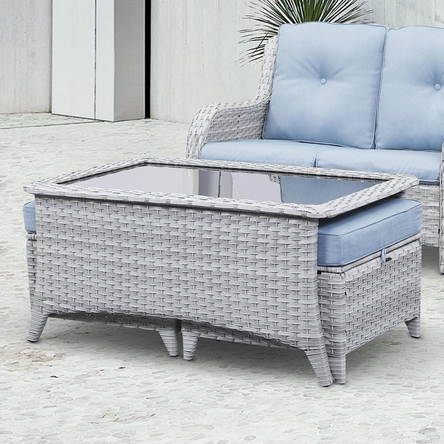 Outdoor Wicker Coffee Table with Ottoman Storage, NTC Series - Light Grey Wicker
