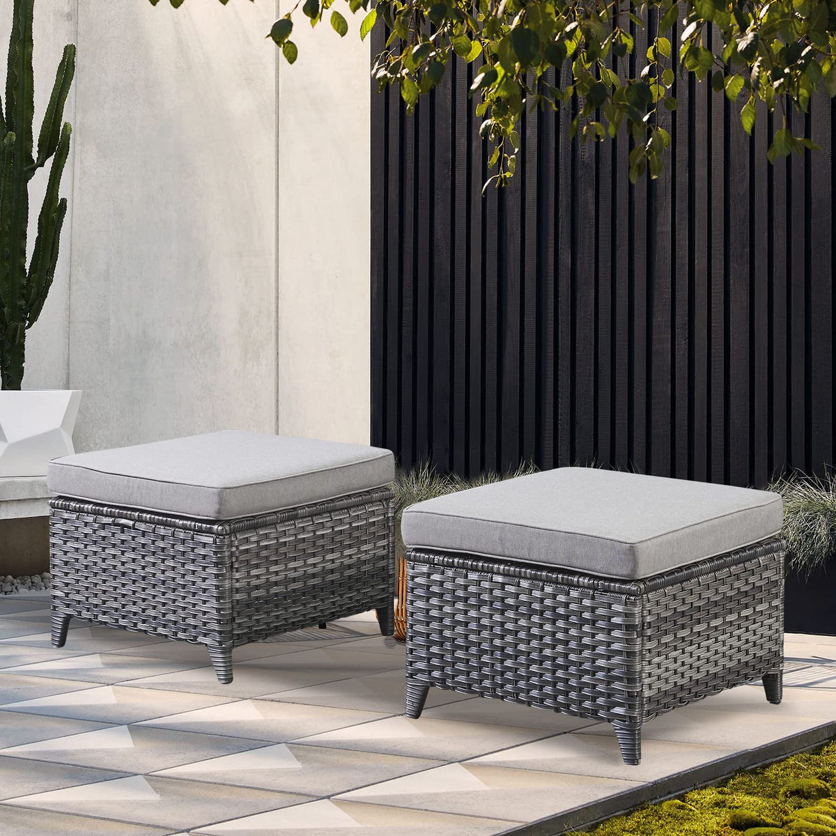 2 Pieces Patio Wicker Ottoman Set Side Table Use, NTC Series - Mixed Grey Wicker / Grey Cushion