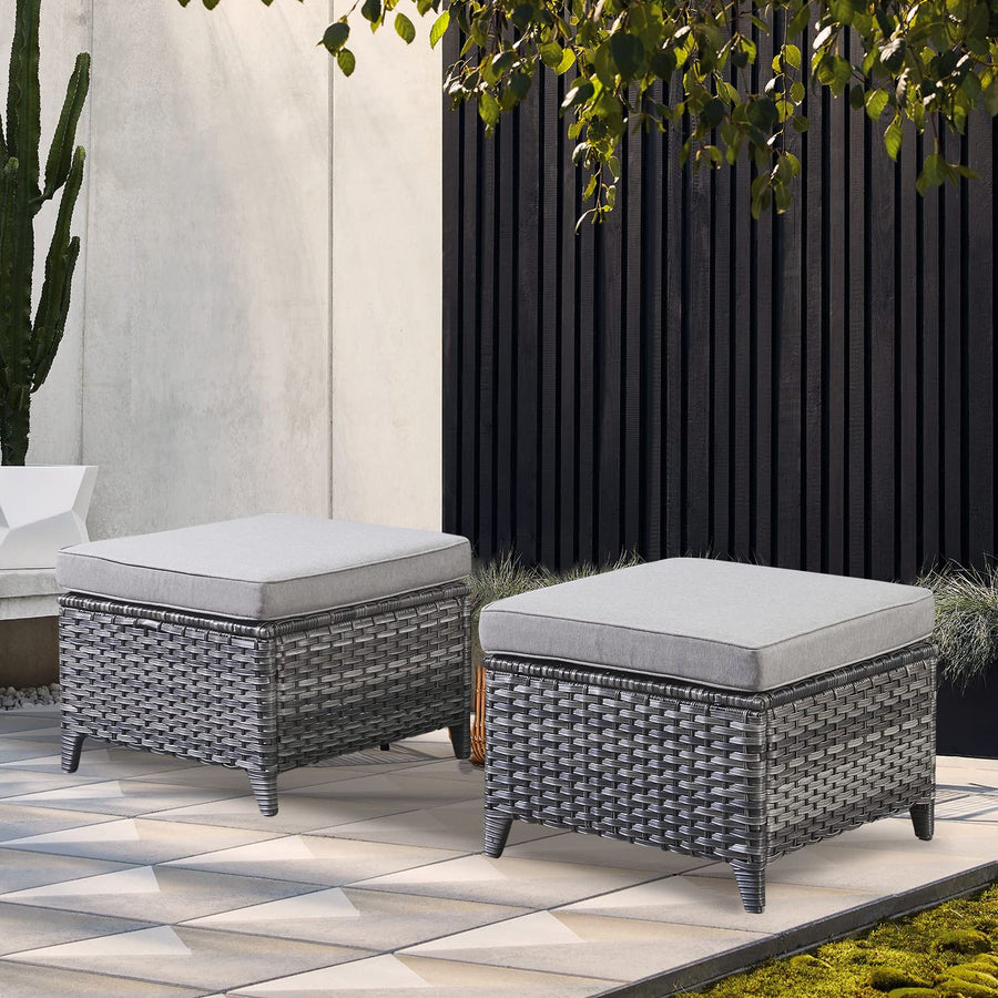 2 Pieces Patio Wicker Ottoman Set Side Table Use, NTC Series - Mixed Grey Wicker / Grey Cushion