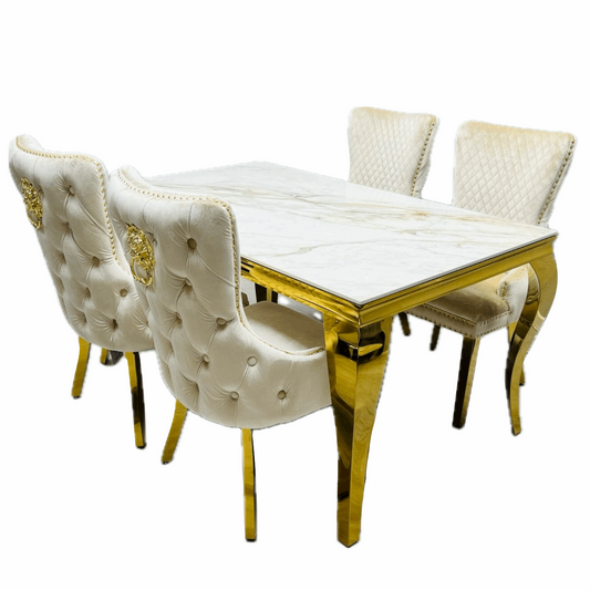 Sophia 1.6m Cream Marble & Gold Leg Dining Table & 4 Cream Velvet & Gold Dining Chairs