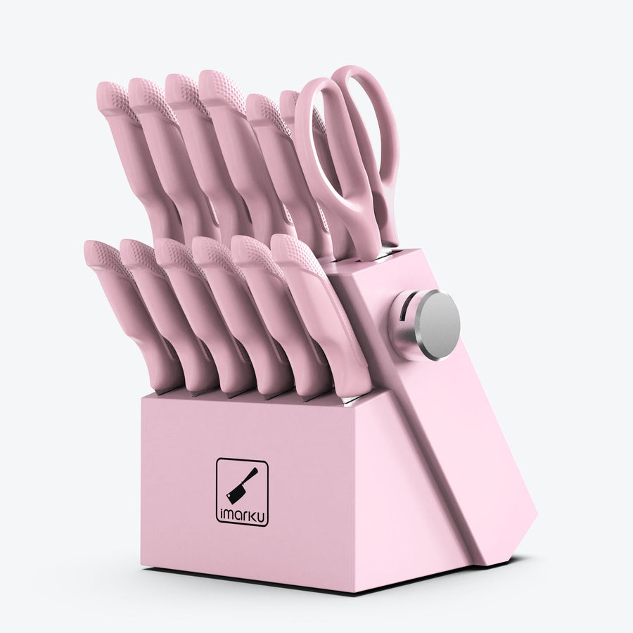 Pink Knife Set with Block 14-Piece Stainless Steel Knives for Kitchen - Pink
