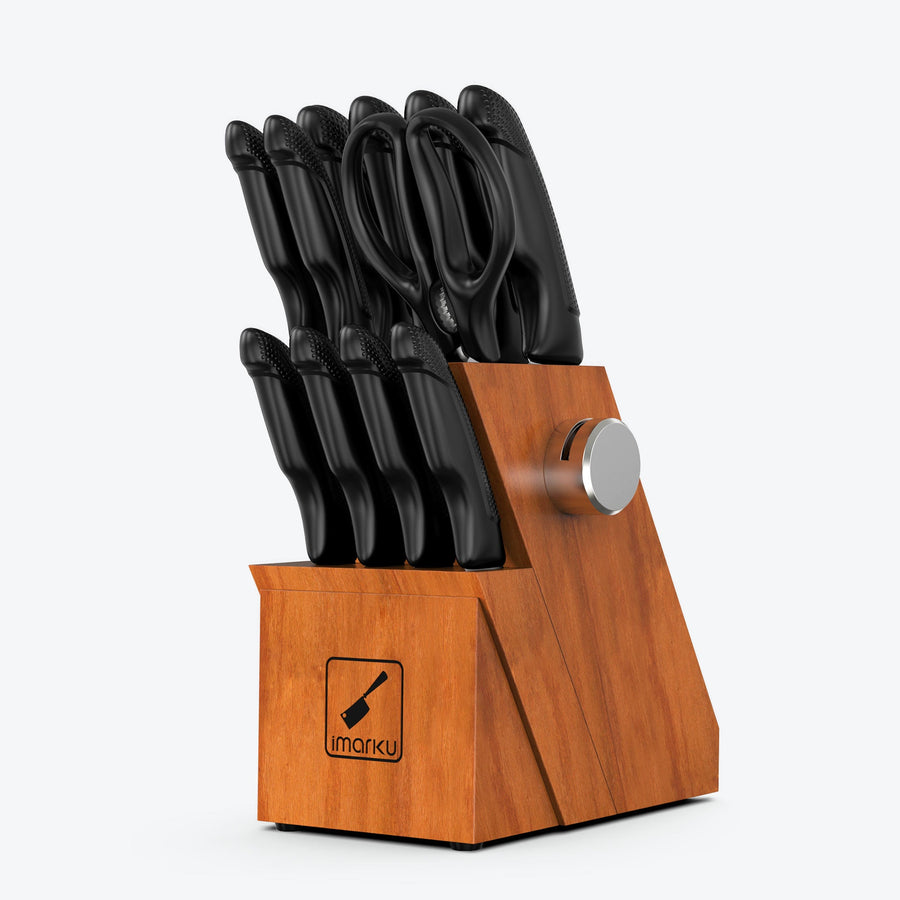 Stainless Steel Knife Set with Slim Block and Sharpener for Small Kitchen - Orange