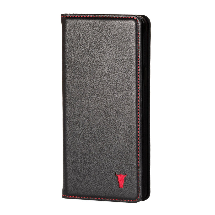 Apple iPhone XR Leather Wallet Case (with Stand Function) - Black with Red Detail