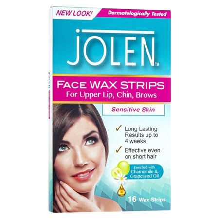 Jolen Facial Wax Strips For Sensitive Skin Quick & Gentle Hair Removal - 16 pcs