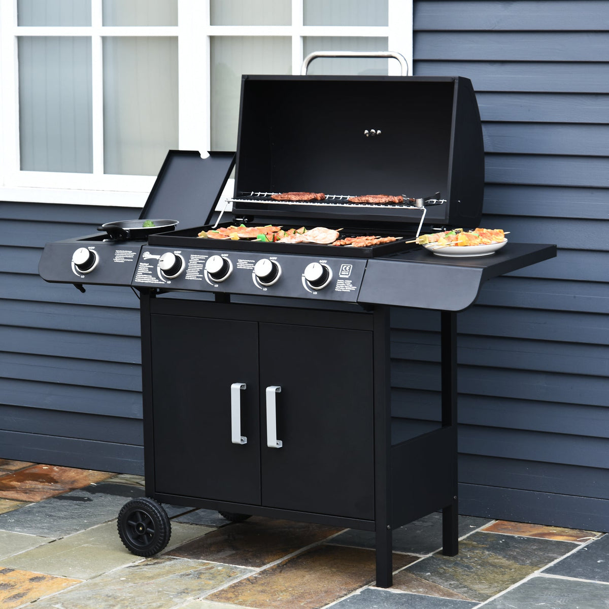 Outsunny 4+1 Burner Gas BBQ Grill, Outdoor Barbecue Trolley with Wheels, Warming Rack, Side Shelves, Cabinet, Thermometer for Garden, Party, Camping,