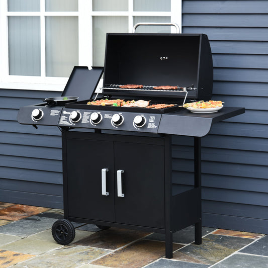 Outsunny 4+1 Burner Gas BBQ Grill, Outdoor Barbecue Trolley with Wheels, Warming Rack, Side Shelves, Cabinet, Thermometer for Garden, Party, Camping,