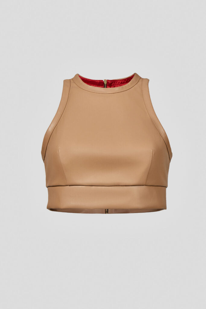 Beige eco-leather crop top