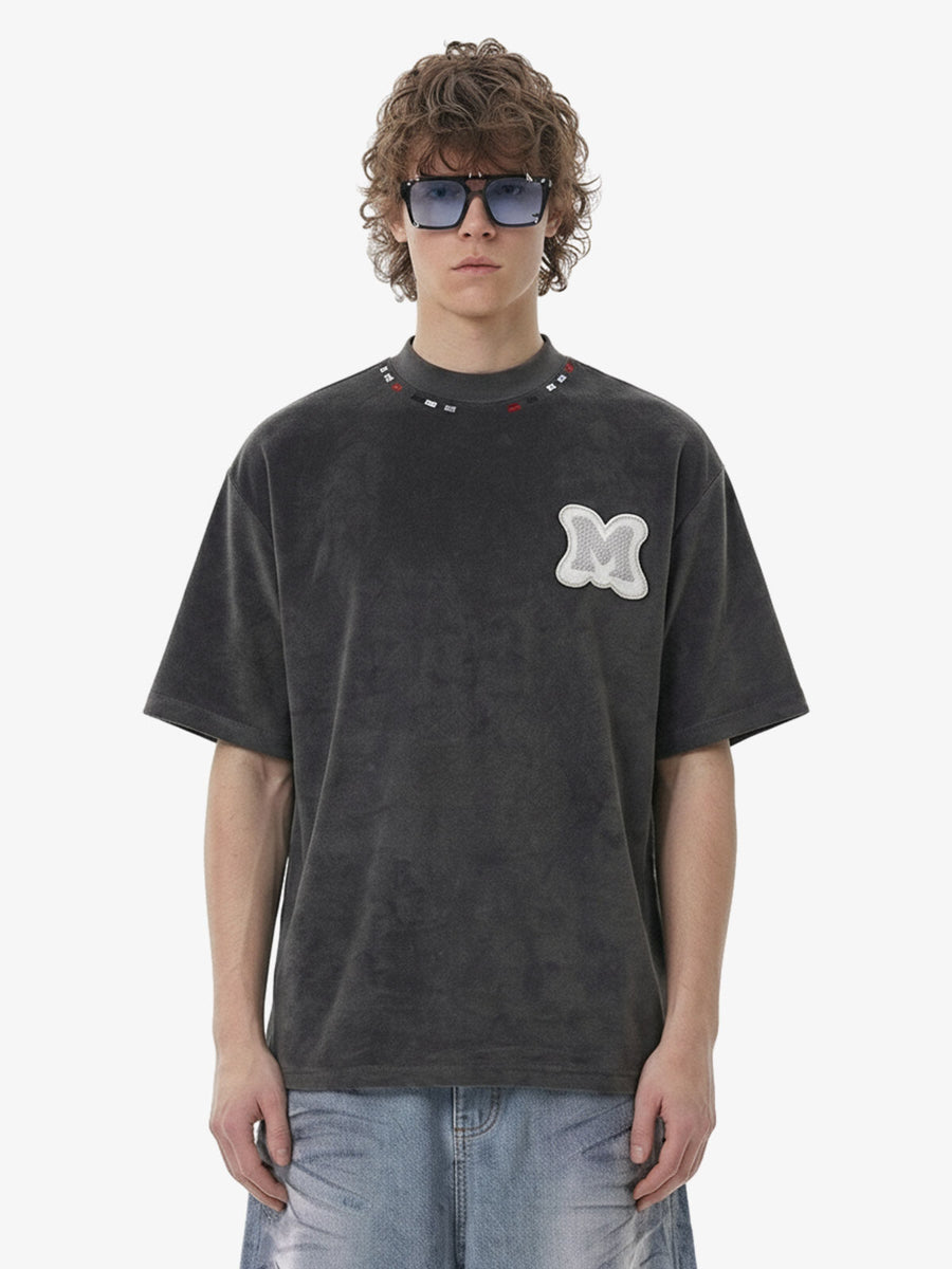 Embroidered Neckline Oversized T-Shirt - Black / S