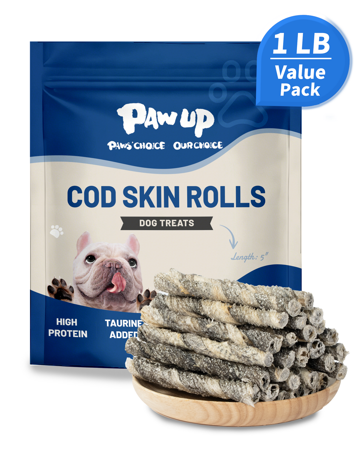 PAWUP Cod Skin Rolls Dog Treats Natural High Omega 3 Dog Snacks, Single Ingredient Cod Skin Chews for Small Dogs w/Taurine, 16 oz