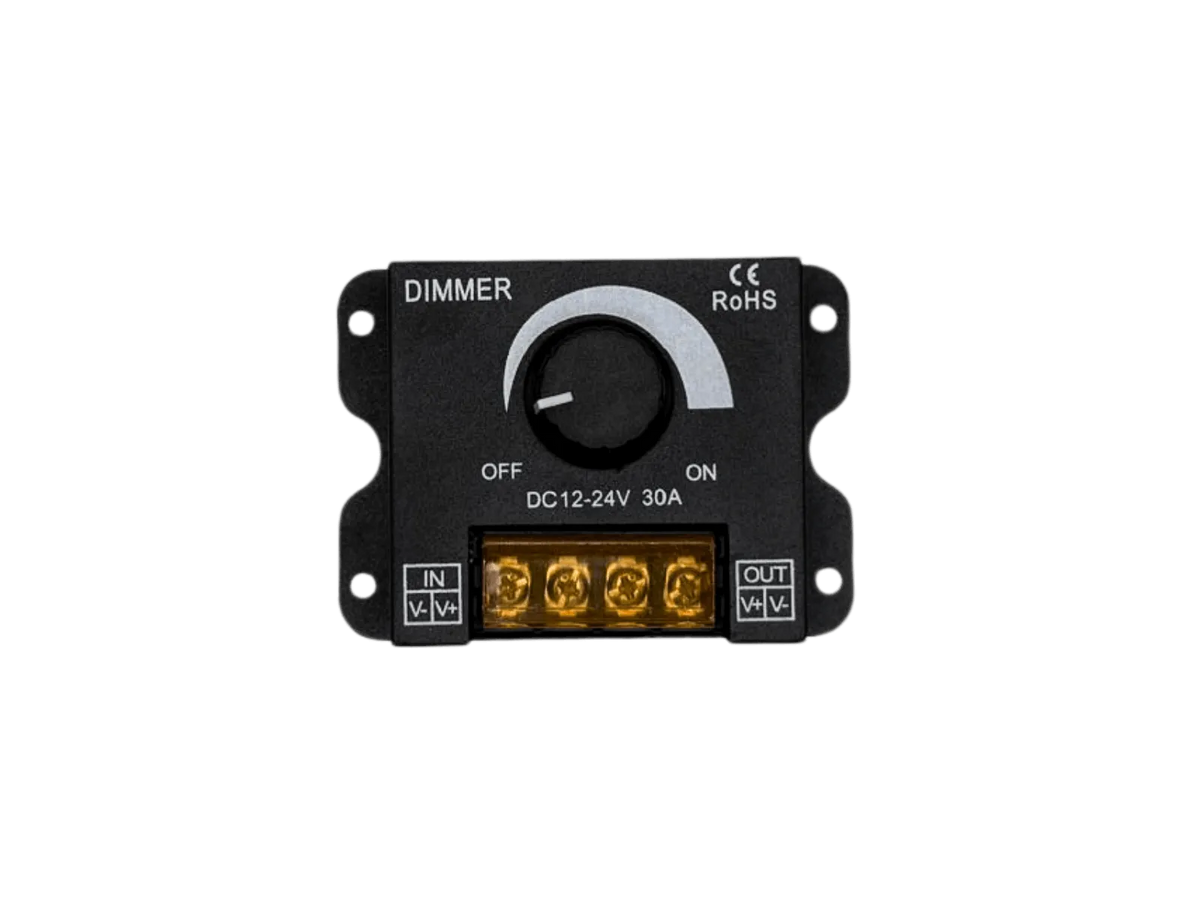 LED Dimmer 12V 24V DC – 1-Kanal Drehdimmer bis 30 A, Konstantspannung für leistungsstarke LED-Streifen