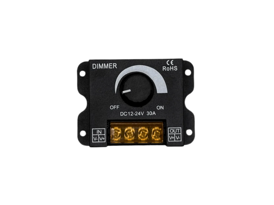 LED Dimmer 12V 24V DC – 1-Kanal Drehdimmer bis 30 A, Konstantspannung für leistungsstarke LED-Streifen