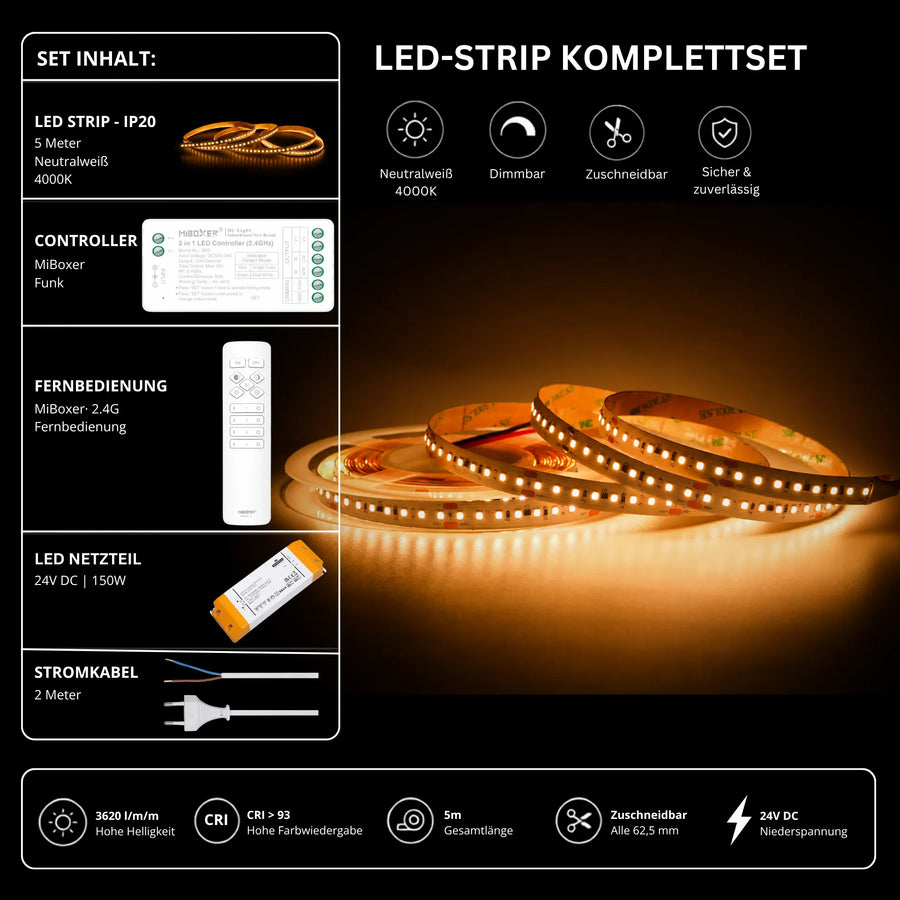 LED Streifen Set High Power Neutralweiß 4000K – SMD LED Streifen 24V, 22 W/m, 3620 lm/m, 5m – SS150 Netzteil, SR2 Funk-Controller & C1 Fernbedienu