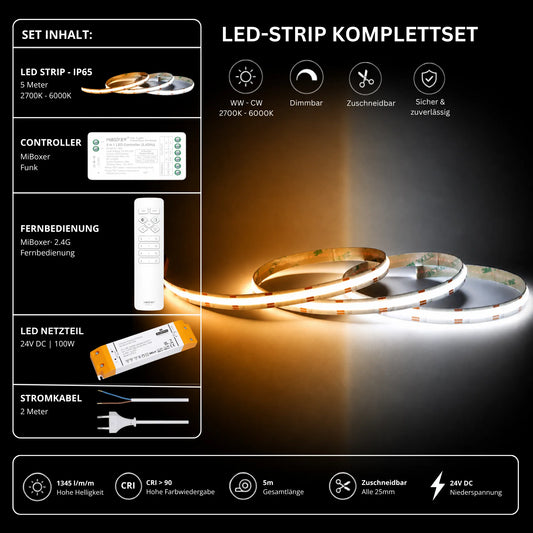 LED Streifen Set CCT IP65 – COB LED Streifen 24V, 16 W/m, 1345 lm/m, 5m, 2700-6000K – SS100 Netzteil, SR2 Funk-Controller & C1 Fernbedienung Weiß