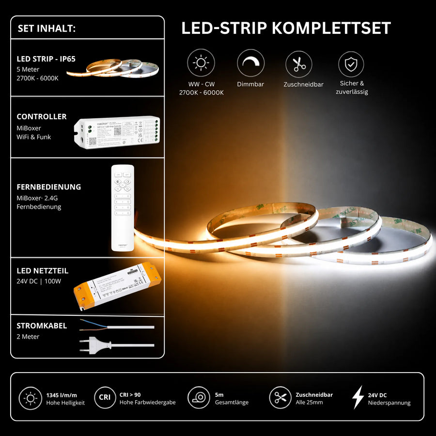 LED Streifen Set CCT IP65 – COB LED Streifen 24V, 16 W/m, 1345 lm/m, 5m, 2700-6000K – SS100 Netzteil, WL5 WiFi Controller & C1 Fernbedienung Weiß