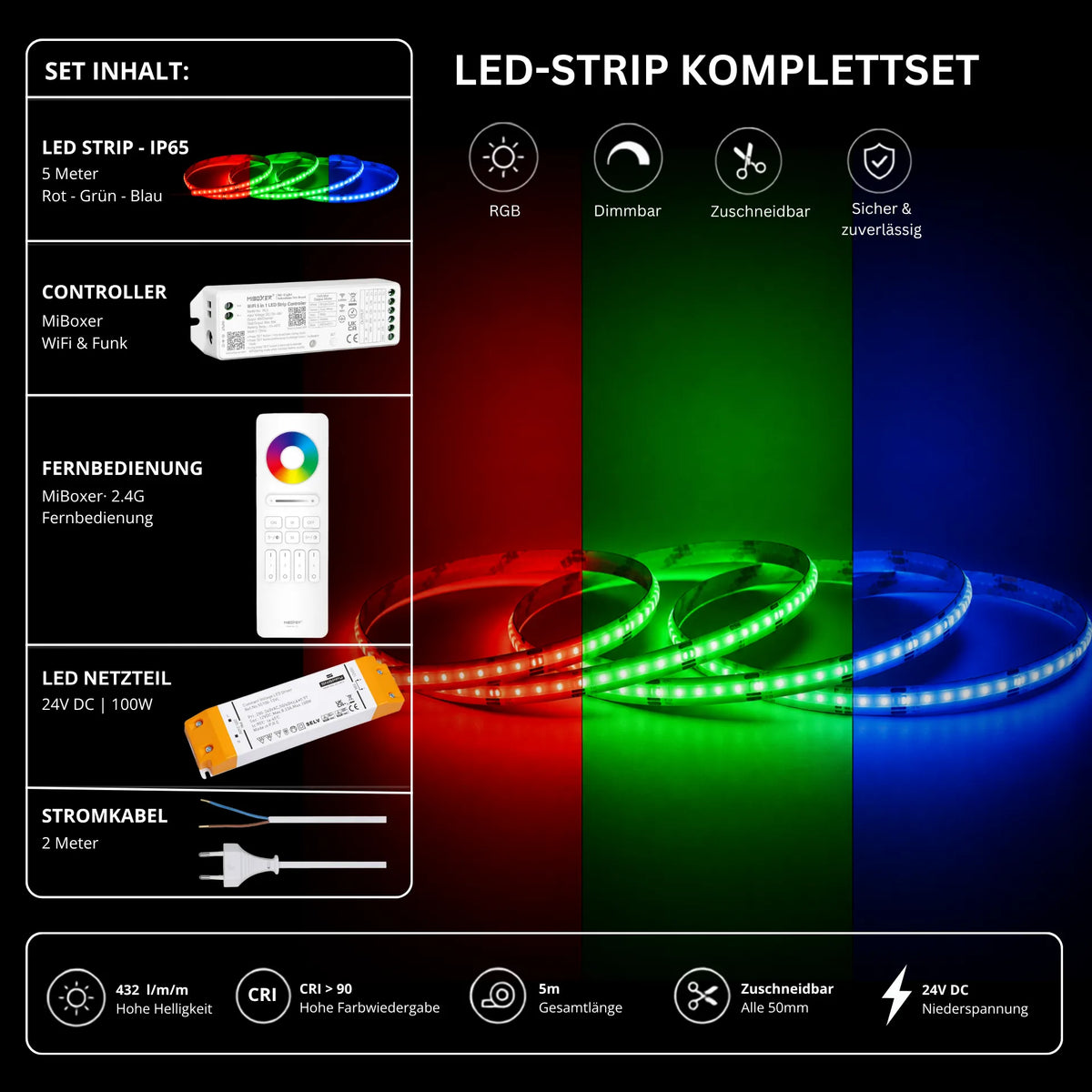 LED Streifen Set RGB IP65 – COB LED Streifen 24V, 14 W/m, 5m, punktfrei – SS100 Netzteil, WL5 WiFi Controller & C5 Fernbedienung Weiß