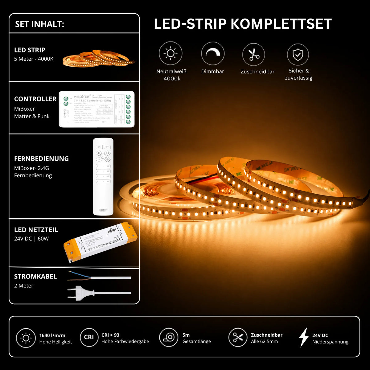 LED Streifen Set Neutralweiß 4000K – SMD LED Streifen 24V, 9 W/m, 1640 lm/m, 5m – SS60 Netzteil, SM2 Matter Controller & C1 Fernbedienung Weiß