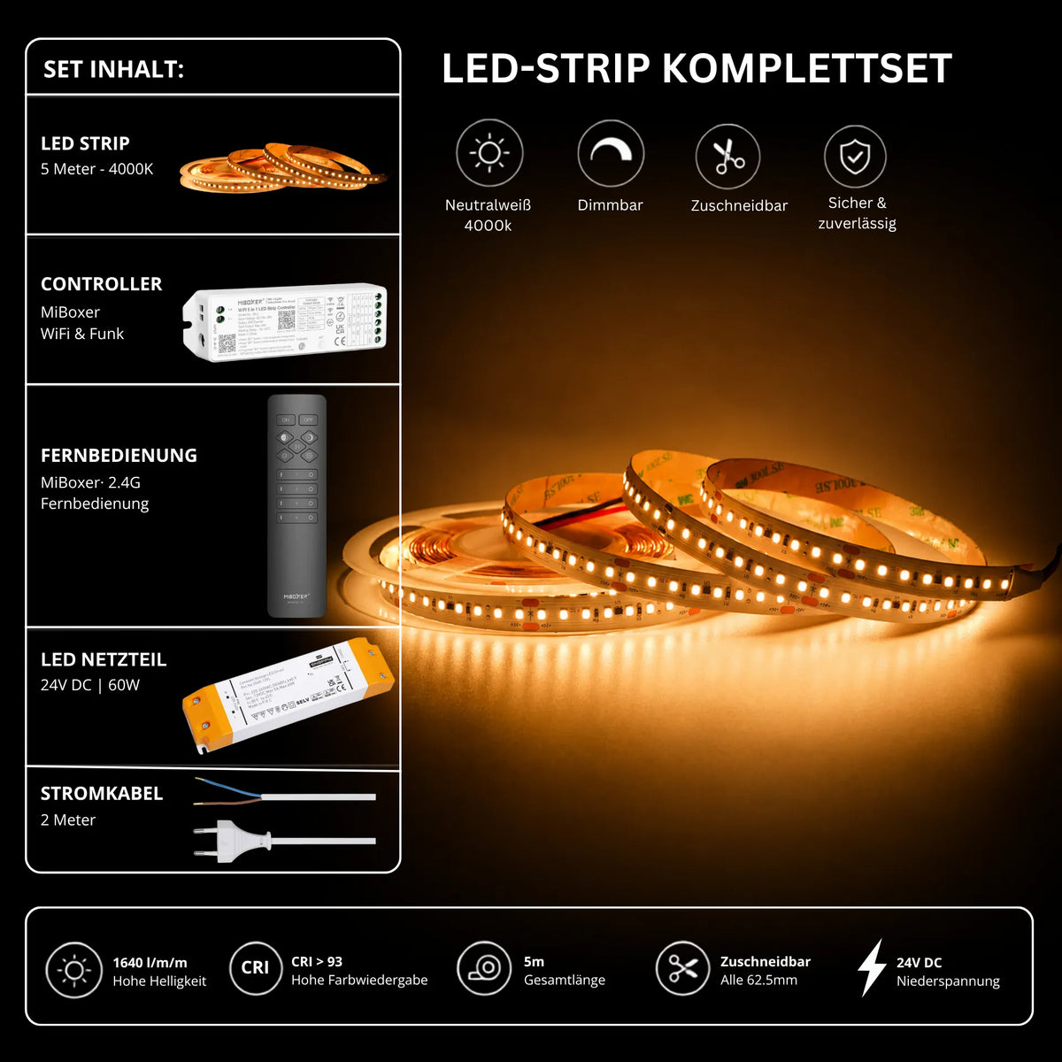 LED Streifen Set Neutralweiß 4000K – SMD LED Streifen 24V, 9 W/m, 1640 lm/m, 5m – SS60 Netzteil, WL5 WiFi Controller & C1 Fernbedienung Schwarz