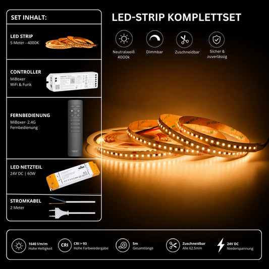 LED Streifen Set Neutralweiß 4000K – SMD LED Streifen 24V, 9 W/m, 1640 lm/m, 5m – SS60 Netzteil, WL5 WiFi Controller & C1 Fernbedienung Schwarz
