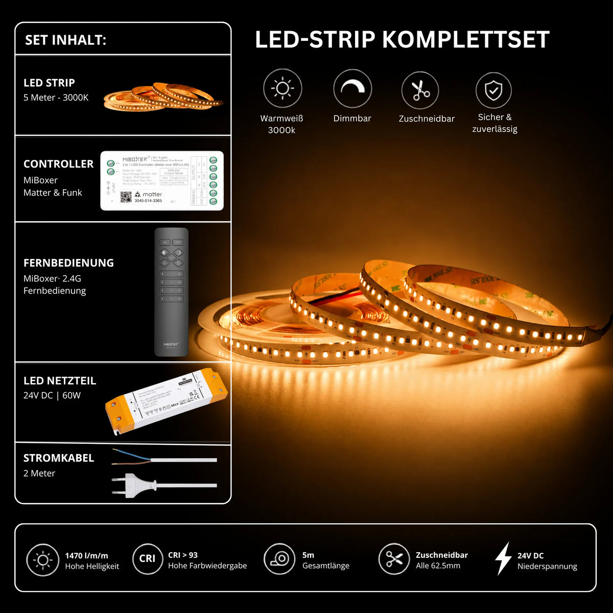 LED Streifen Set Warmweiß 3000K – SMD LED Streifen 24V, 9 W/m, 1500 lm/m, 5m – SS60 Netzteil, SM2 Matter Controller & C1 Fernbedienung Schwarz