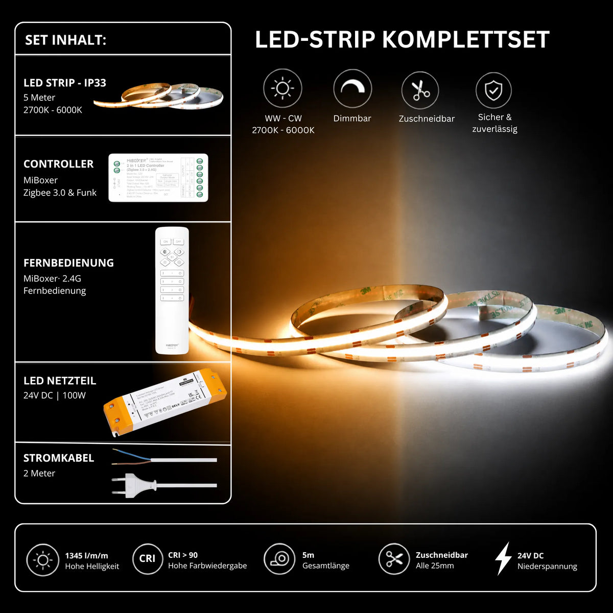 LED Streifen Set CCT IP33 – COB LED Streifen 24V, 16 W/m, 1345 lm/m, 5m, 2700-6000K – SS100 Netzteil, SZ2 Zigbee 3.0 Controller & C1 Fernbedienung