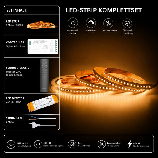 LED Streifen Set Warmweiß 3000K – SMD LED Streifen 24V, 9 W/m, 1500 lm/m, 5m – SS60 Netzteil, SZ2 Zigbee 3.0 Controller & C1 Fernbedienung Schwarz