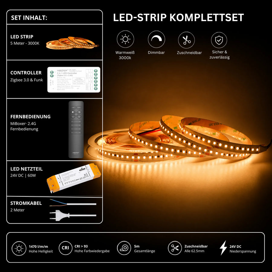 LED Streifen Set Warmweiß 3000K – SMD LED Streifen 24V, 9 W/m, 1500 lm/m, 5m – SS60 Netzteil, SZ2 Zigbee 3.0 Controller & C1 Fernbedienung Schwarz