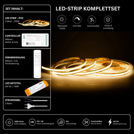 LED Streifen Set Warmweiß – COB LED Streifen 24V, punktfrei, 14 W/m, 5m, 2700K, CRI 90, IP33 – SS100 Netzteil, SM2 Matter Controller & C1 Fernbedi