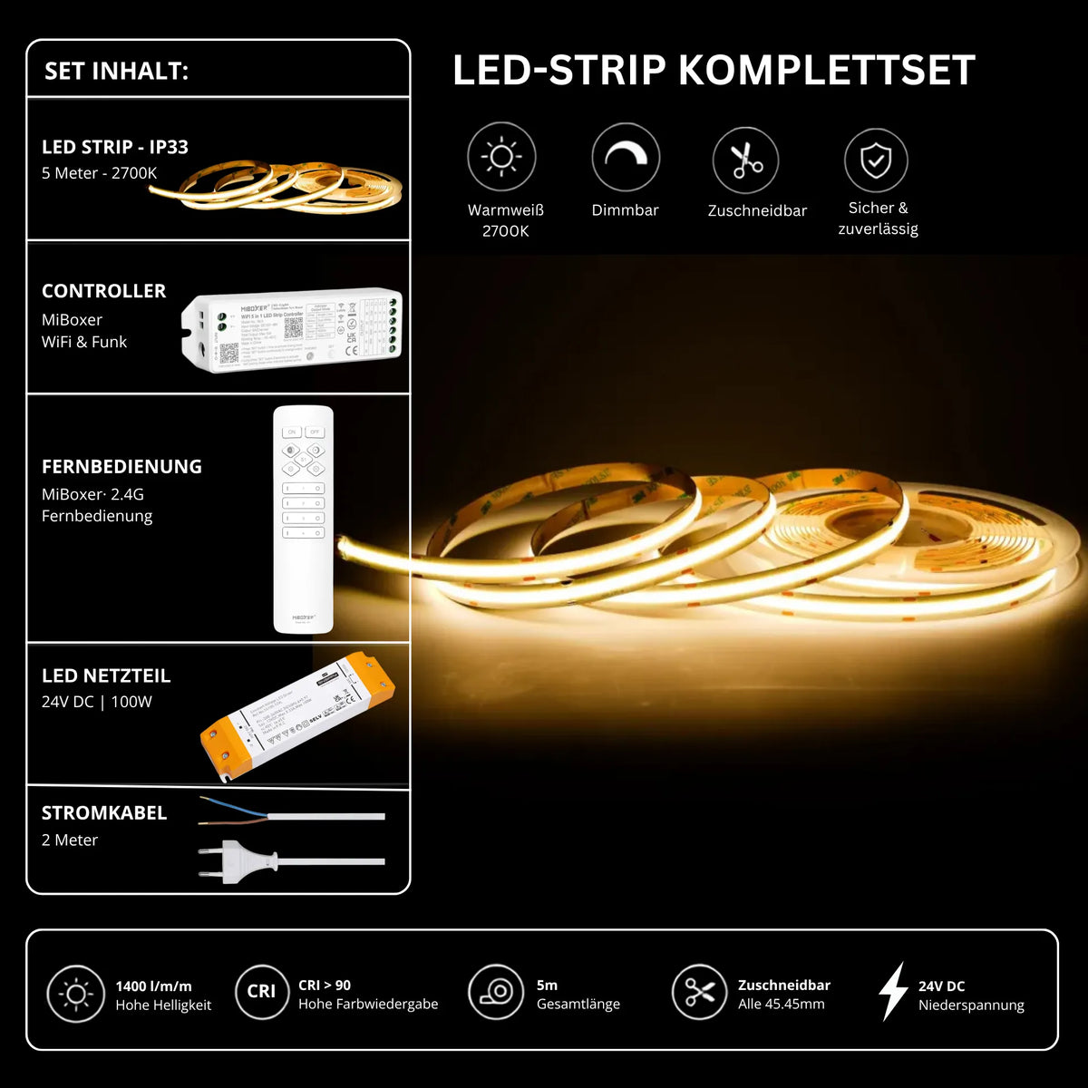 LED Streifen Set Warmweiß – COB LED Streifen 24V, punktfrei, 14 W/m, 5m, 2700K, CRI 90, IP33 – SS100 Netzteil, WL5 WiFi Controller & C1 Fernbedien