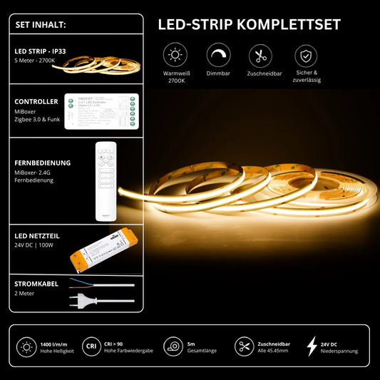 LED Streifen Set Warmweiß – COB LED Streifen 24V, punktfrei, 14 W/m, 5m, 2700K, CRI 90, IP33 – SS100 Netzteil, SZ2 Zigbee 3.0 Controller & C1 Fern