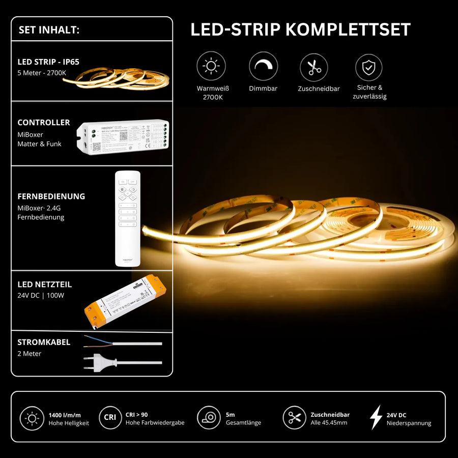 LED Streifen Set Warmweiß – COB LED Streifen 24V, punktfrei, 14 W/m, 5m, 2700K, CRI 90, IP65 – SS100 Netzteil, WL5 WiFi Controller & C1 Fernbedien