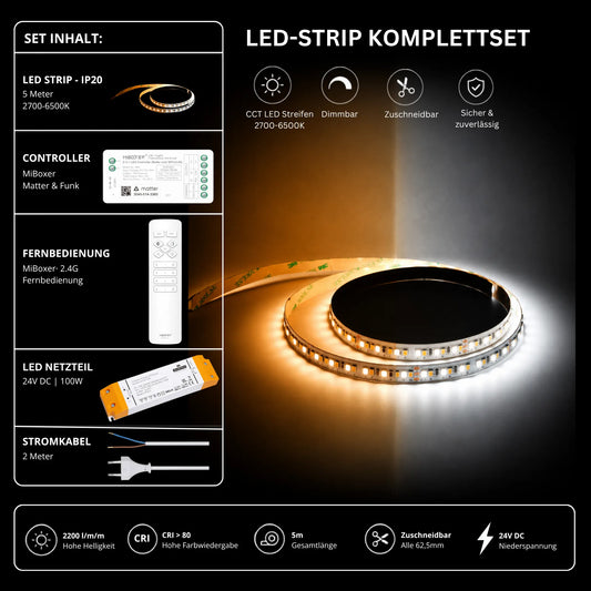LED Streifen Set CCT IP20 – SMD LED Streifen 24V, 16 W/m, 2200 lm/m, 5m, 2700-6500K – SS100 Netzteil, SM2 Matter Controller & C1 Fernbedienung Wei