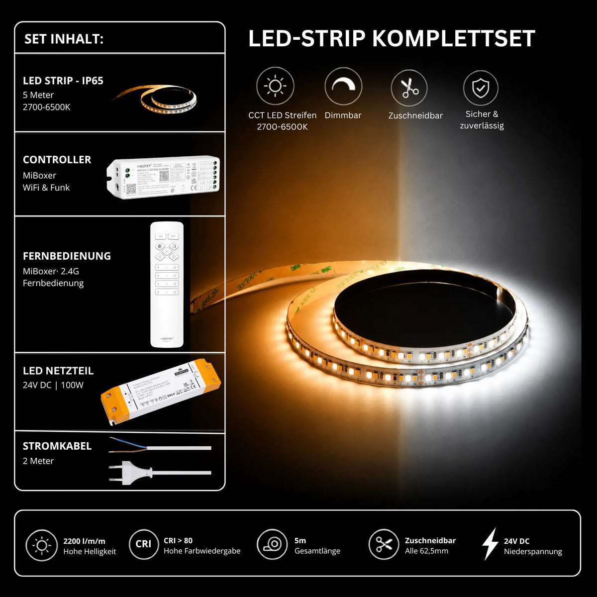 LED Streifen Set CCT IP65 – SMD LED Streifen 24V, 16 W/m, 2200 lm/m, 5m, 2700-6500K – SS100 Netzteil, WL5 WiFi Controller & C1 Fernbedienung Weiß