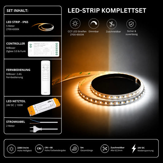 LED Streifen Set CCT IP65 – SMD LED Streifen 24V, 16 W/m, 2200 lm/m, 5m, 2700-6500K – SS100 Netzteil, SZ2 Zigbee 3.0 Controller & C1 Fernbedienung