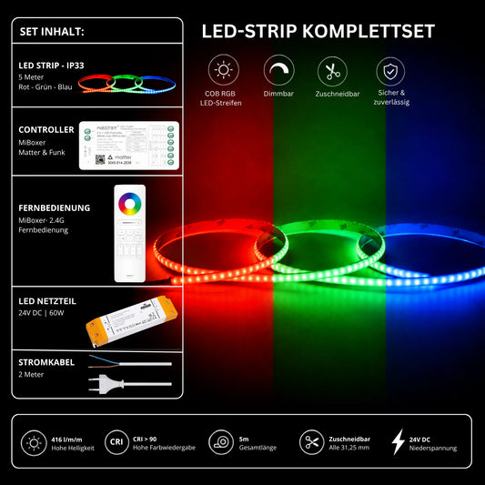 LED Streifen Set RGB Ultraschmal – COB LED Streifen 24V, 5 mm, 10 W/m, 5m, punktfrei – SS60 Netzteil, SM5 Matter Controller & C5 Fernbedienung Wei